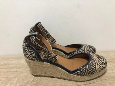 Mantaray Ladies Navy/beige Wedge Espadrilles Buckle Strap Shoe Uk 6 Eur 39 Ab38 • £28.99