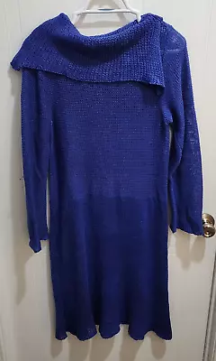 ZUZA BART Women's L/S Split Cowl Neck Dress Knit 100% Linen Blue Lagenlook Sz L • £109.86