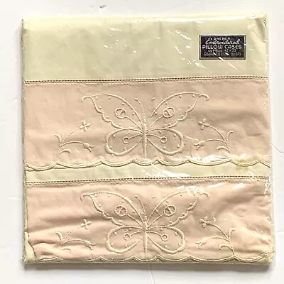 Vintage Pillowcases Embroidered Butterfly Pink Cream Gift Packaged NEW OLD STOCK • $19.99