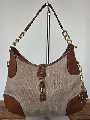 Vintage MICHAEL KORS BROWN CANVAS LEATHER TRIM HOBO SHOULDER HANDBAG • $30