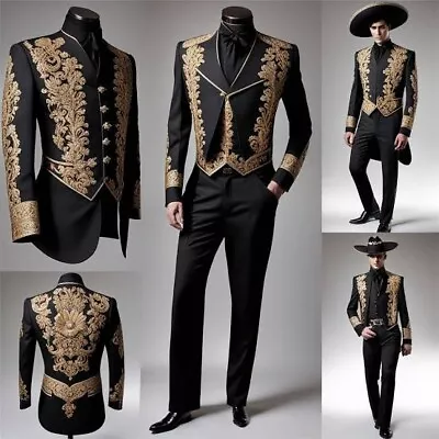 Custom Made Men's 2Pc Black Mariachi Suit Cotton Gold Embellished Wedding Attire • $776.63