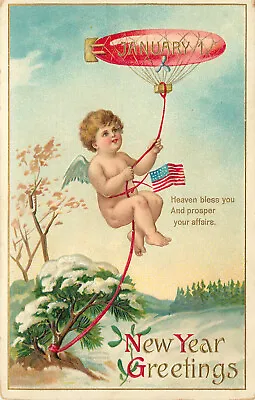 New Years Day Greeting Postcard Angel With American Flag Hangs From Zeppelin • £18.04