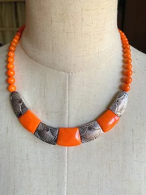 Jay King Collection NWT $235 Orange Coral Etched Sterling Necklace Collar 18-21  • $89