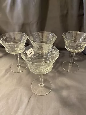 4 Vintage Etched Crystal Stemware Grape Pattern Cocktail Glasses Champagen Glas • $20