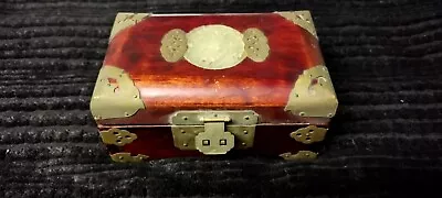 Vtg Chinese Rosewood Jewelry Box Shell Carved Inlay Lid Engraved Brass Accents • $15