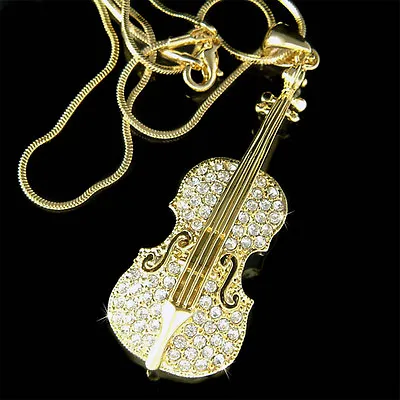 BIG VIOLIN VIOLA CELLO Fiddle Made With Swarovski Crystal Gold PL MUSIC Necklace • $55