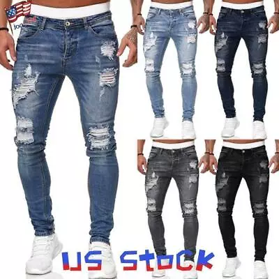 ⭐️️Mens Skinny Denim Ripped Jeans Distressed Frayed Slim Pants Trousers Workwear • $37.19