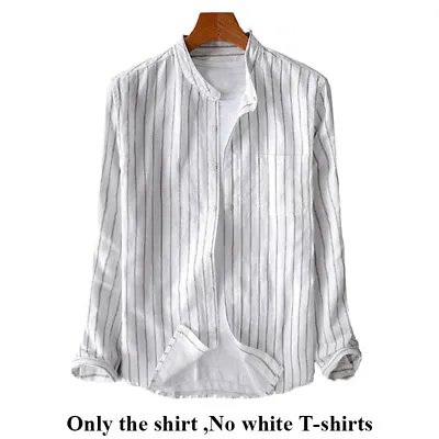 Men Long Sleeve Retro Striped Shirt Collarless Grandad Casual Dress Shirts Tops* • $17.92