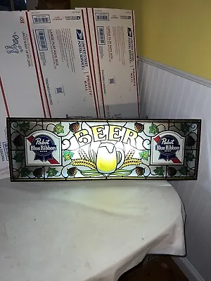 Vintage 1983 Pabst Blue Ribbon Beer Lighted Sign Stained Glass Look Bar Decor • $399.99