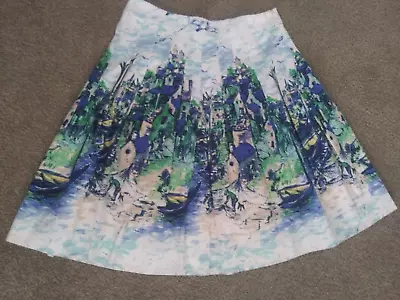 Talbots 10 Blue White Black Venice Italy Scenic Print Side Zip Pleated Skirt • $24.99