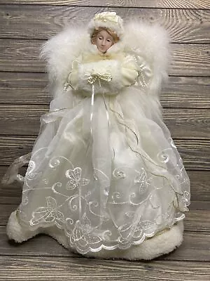 Vtg Christmas Angel Porcelain Face White Floral Lace Gown Hand Muff 16” • $40