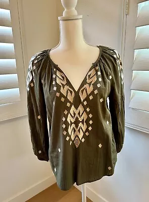 Velvet By Graham Spencer Western Boho Tunic Top In Beautiful Olive Green Sz S • £28.92