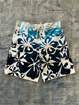 Merona Blue White Tropical Floral Print Cargo Swim Board Shorts Men's Large • $20