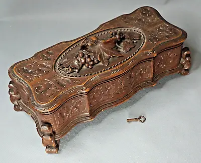 $450 • Buy Antique German Black Forest Carved Wood Jewelry Box Casket Grapevine Lock&Key