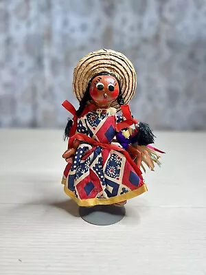 Mexican Folk Art Oil Cloth Doll Woman W/ Woven Straw Mat & Red Dress 9” Tall • $16.30