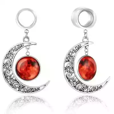 Pair Of Filigree With Red Moon Ear Tunnels Ear Gauges Body Jewelry Piercings • $16.37