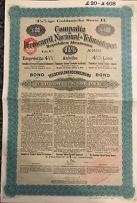 Compania Del Ferrocarril Nacional De Tehuantepec - Mexican Gold Bond 1909 • $249