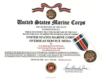 U S  Marine Corps Sea Duty/Overseas Service Replacement Certificate & Medal • $38.95