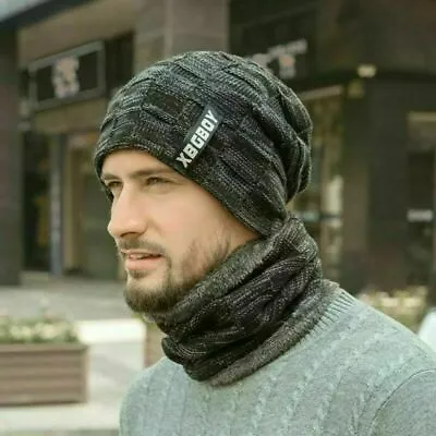 2Pcs/Set Men Cap & Neck Scarf Beanie Baggy Knitted Hat Winter Warm Fleece Lined • $12.08