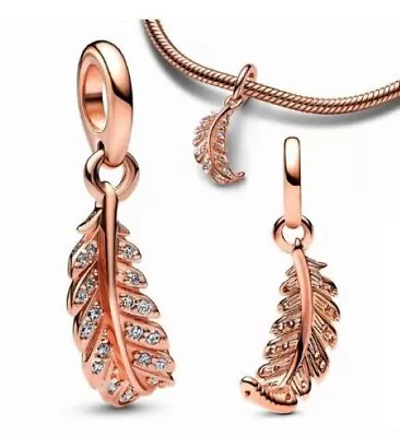 FEATHER/LEAF ROSE GOLD S925 Sterling Silver Dangle Charm By Charm Heaven • $29.50