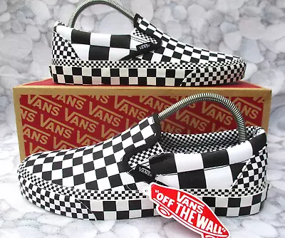 Vans Classic Slip On Trainers Size 8.5 Black White Canvas All Over Checkerboard • £49.99