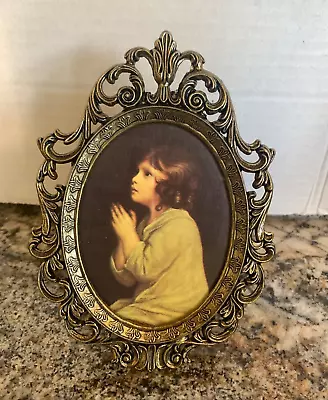 Made In Italy VTG Oval Brass Picture Frame Auburn Hair Little Girl Praying Hands • $15.99