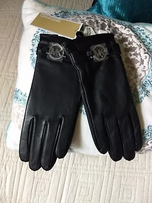 NWT Michael Kors Black & Silver Women's Leather Logo Ornament Tech Gloves • $85