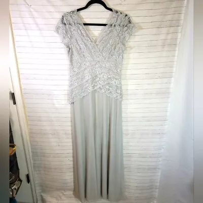 Marina Gray Beaded Lace Cap Sleeve Maxi Dress Sz 10 • $79.99