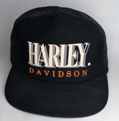 Vintage Black HARLEY DAVIDSON Snap Back Trucker Cap Hat Vintage Mesh USA • $45