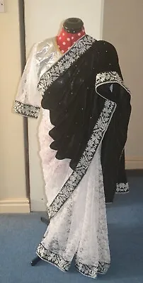 £25.99 • Buy Black Velvet & White Net Sari Asian Pakistani Indian Wedding Parties Eid Saree