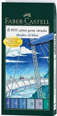 Faber Castell Pitt Artist Pens SHADES OF BLUE Set Of 6 Markers Brush Tip 167164 • $8.95