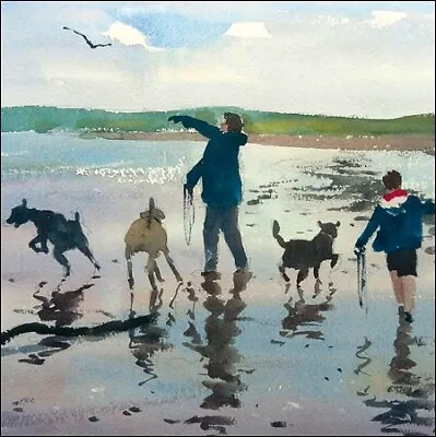 Family Dog Walking On The Beach Greeting Card - Walkies Watercolour By Ken Hayes • £2.99