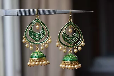 Indian Jhumka Leave Style Light Green Meenakari Lotus Jhumka Earring For Wedding • $23.39