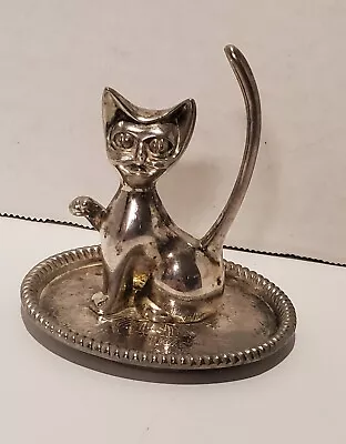 Vintage Cat Ring Holder Trinket Tray 1970's Silver Plated Kitsch Patina • $10.99