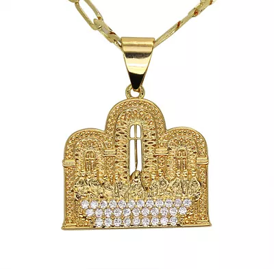 Small Last Supper CZ Pendant 20  Figaro Chain 14k Gold Plated Men's Jewelry • $8.95