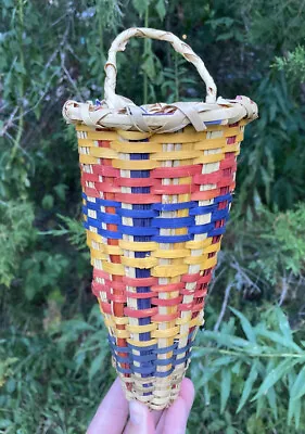 Vintage Small 11  Mississippi CHOCTAW INDIAN BASKET Dyed River Cane Cone Shaped • $149.95